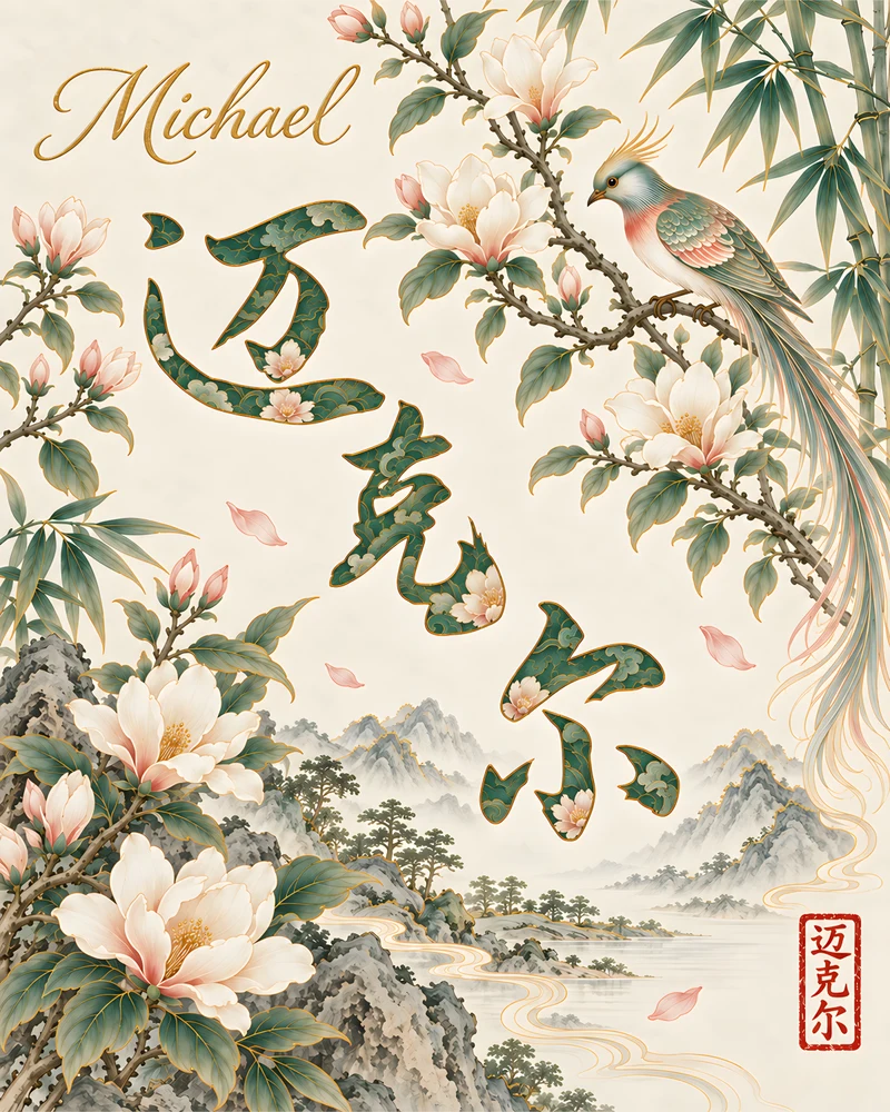 Michael 迈克尔 floral Chinese name wall art preview
