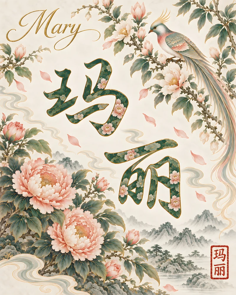Mary 玛丽 floral Chinese name wall art preview