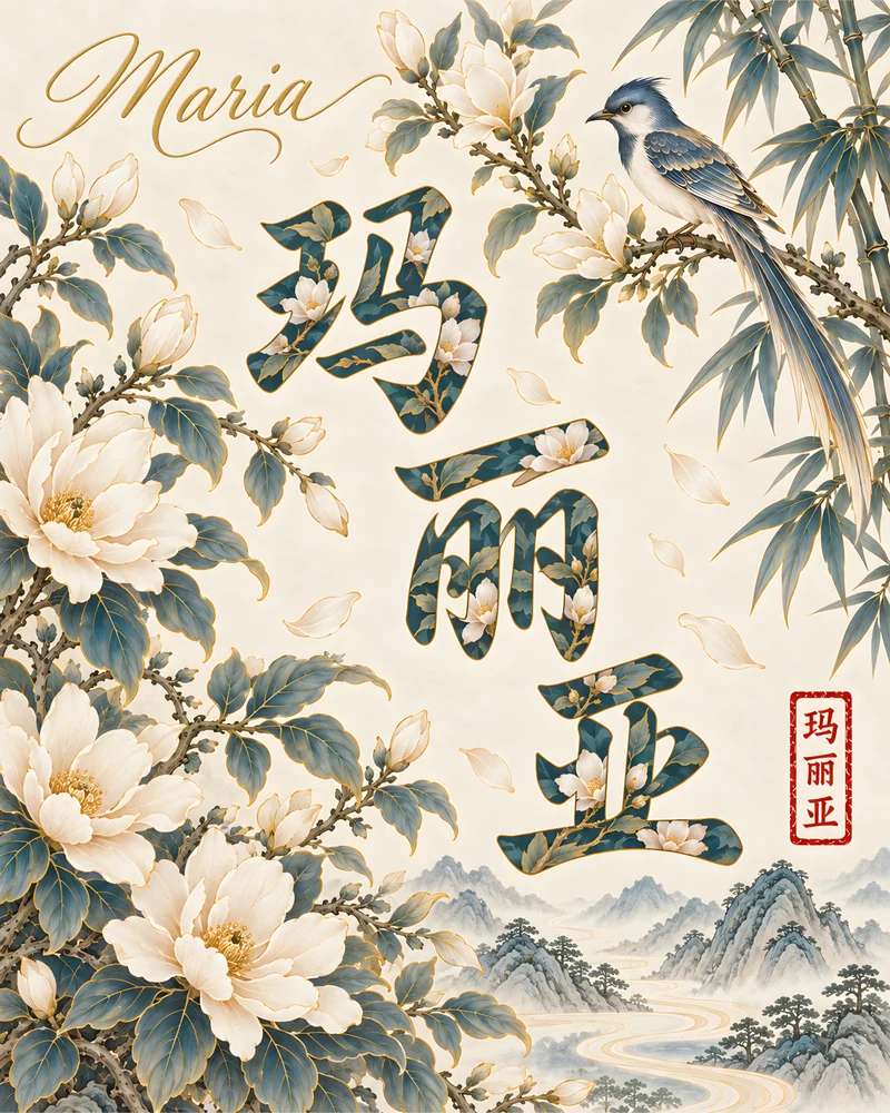 Maria 玛丽亚 floral Chinese name wall art preview