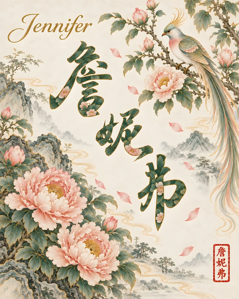 Jennifer 詹妮弗 floral Chinese name wall art preview
