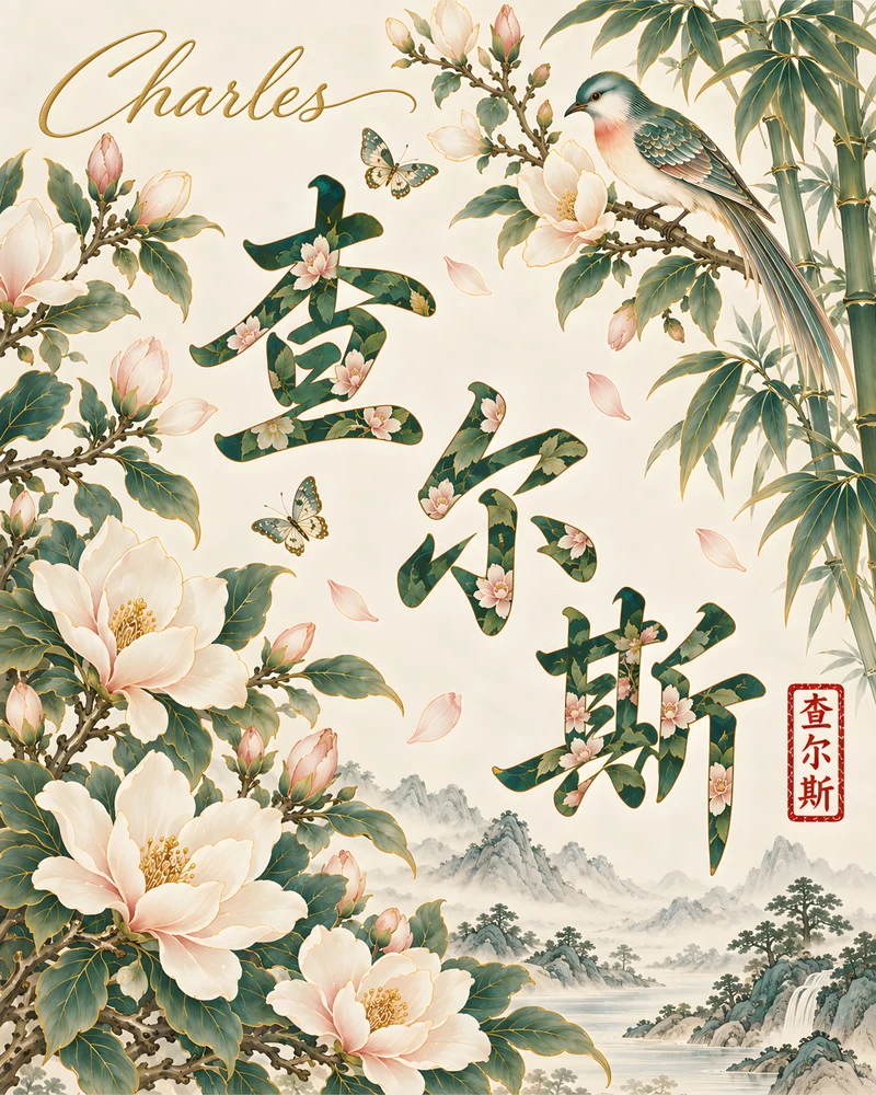 Charles 查尔斯 floral Chinese name wall art preview