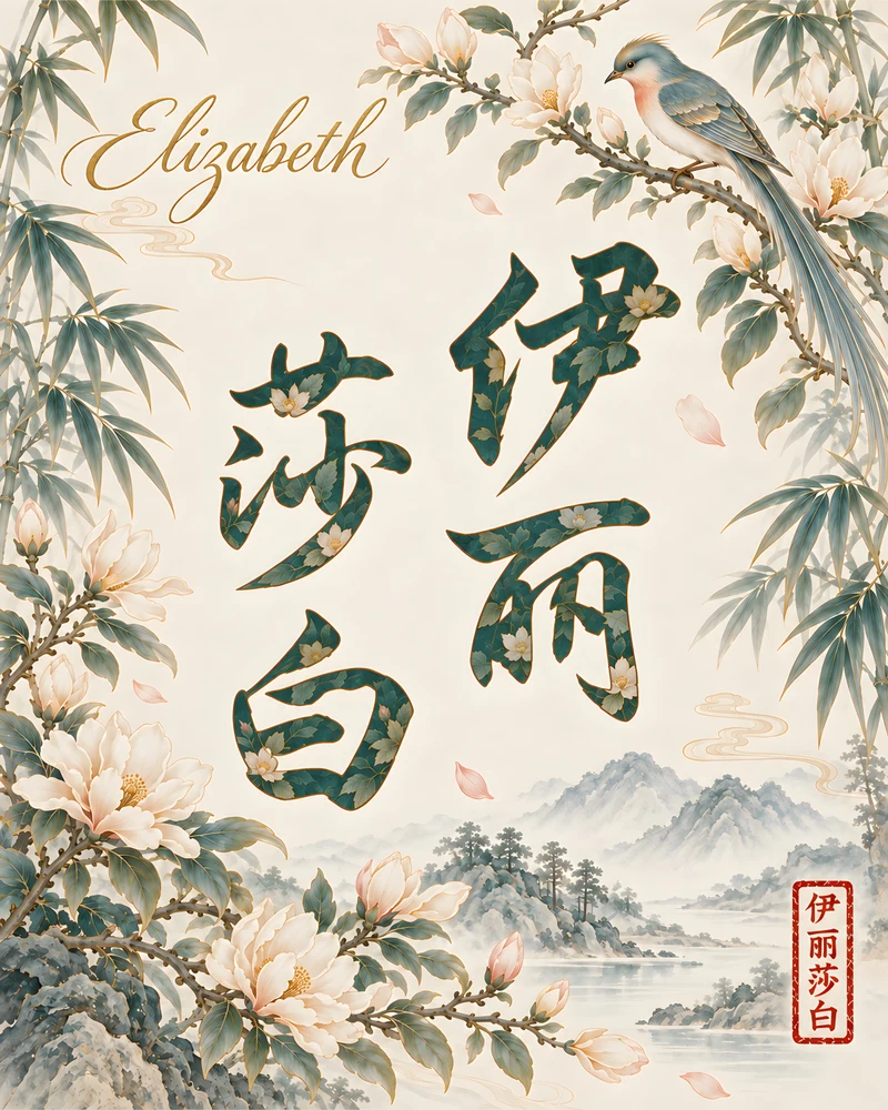 Elizabeth 伊丽莎白 floral Chinese name wall art preview