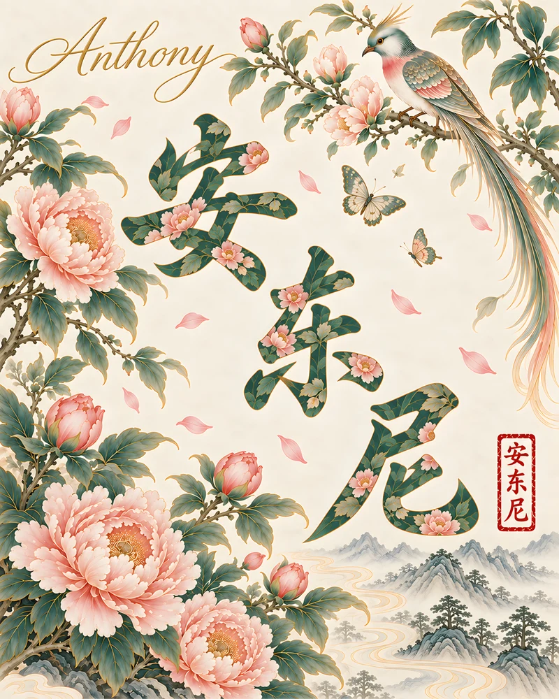 Anthony 安东尼 floral Chinese name wall art preview