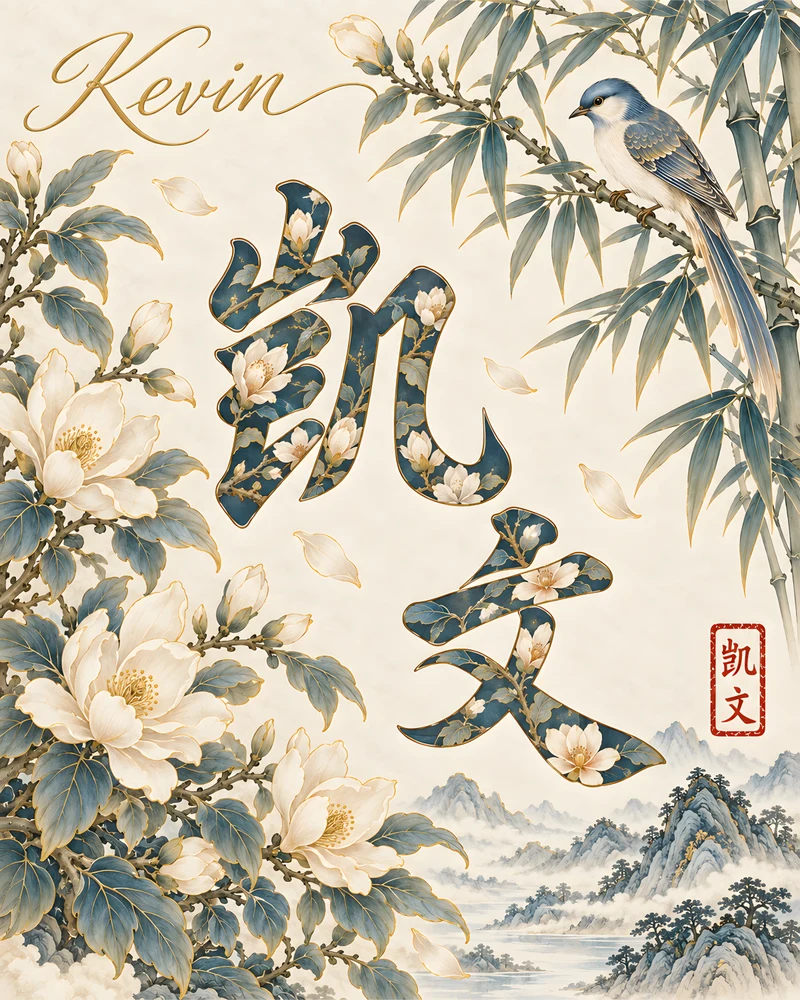 Kevin 凯文 floral Chinese name wall art preview