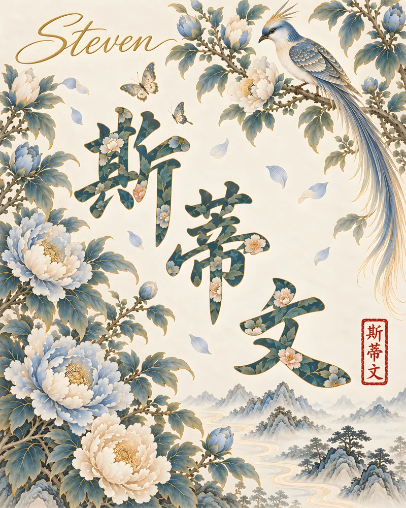 Steven 斯蒂文 floral Chinese name wall art preview