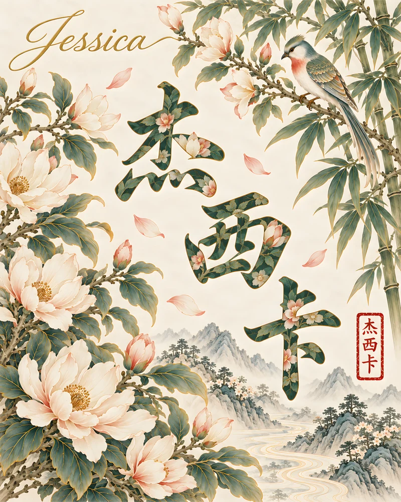 Jessica 杰西卡 floral Chinese name wall art preview