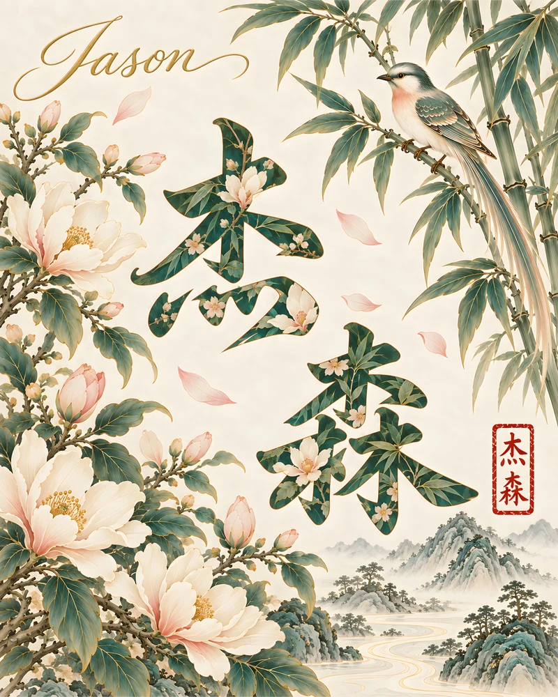 Jason 杰森 floral Chinese name wall art preview