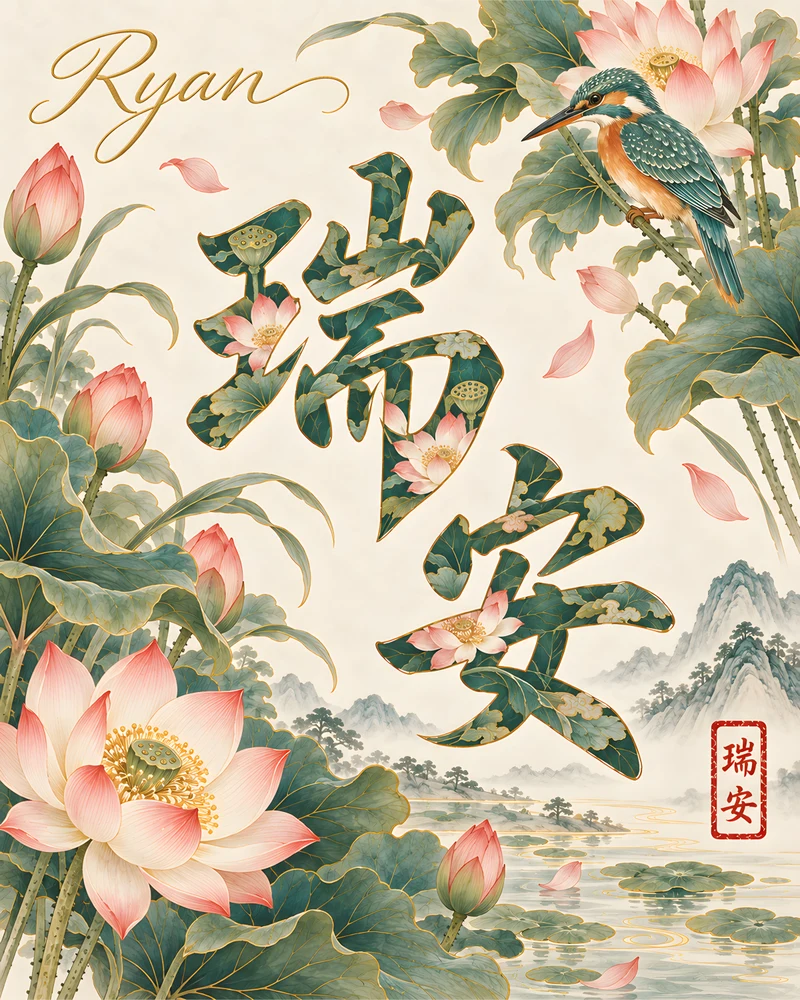 Ryan 瑞安 floral Chinese name wall art preview
