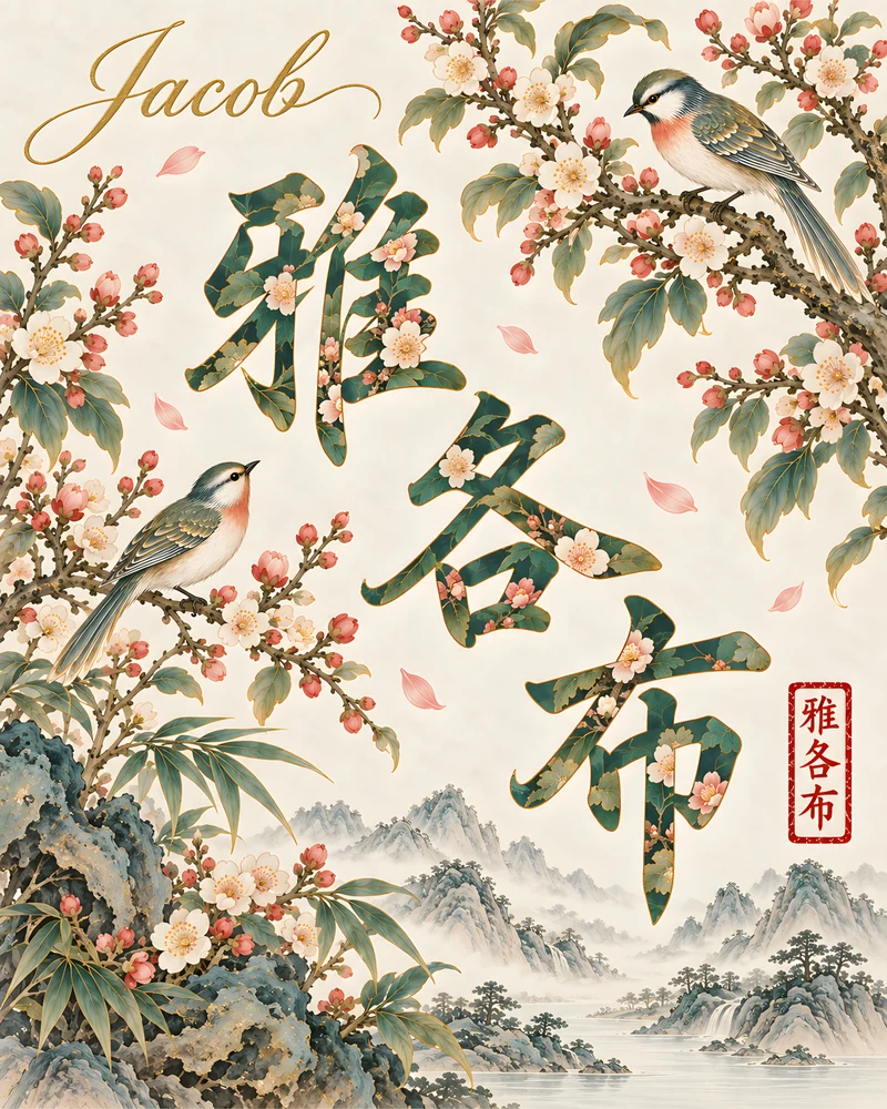 Jacob 雅各布 floral Chinese name wall art preview