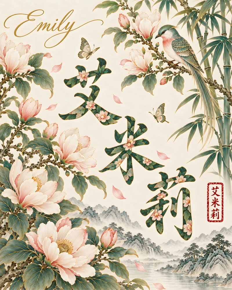 Emily 艾米莉 floral Chinese name wall art preview