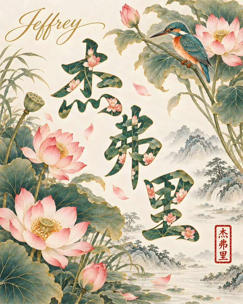 Jeffrey 杰弗里 floral Chinese name wall art preview