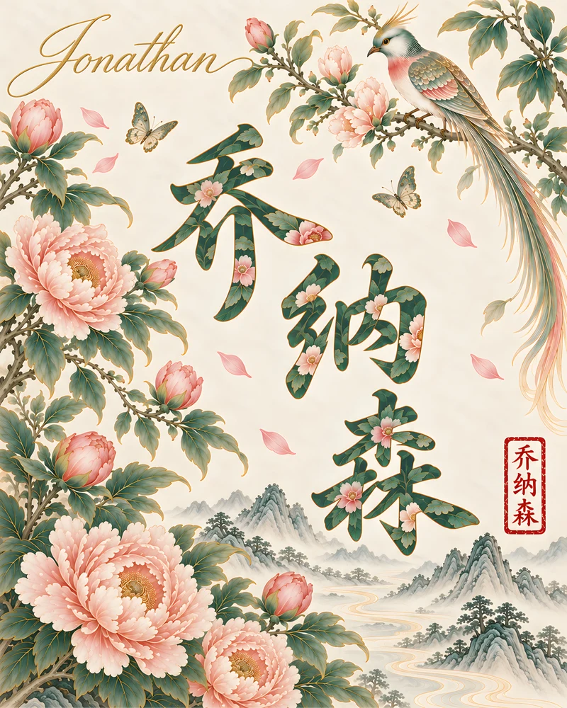 Jonathan 乔纳森 floral Chinese name wall art preview