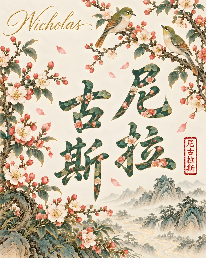 Nicholas 尼古拉斯 floral Chinese name wall art preview