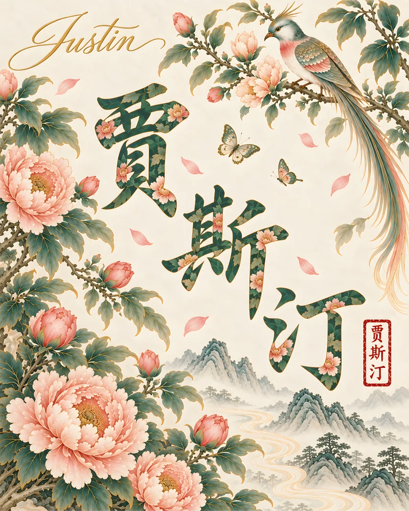 Justin 贾斯汀 floral Chinese name wall art preview