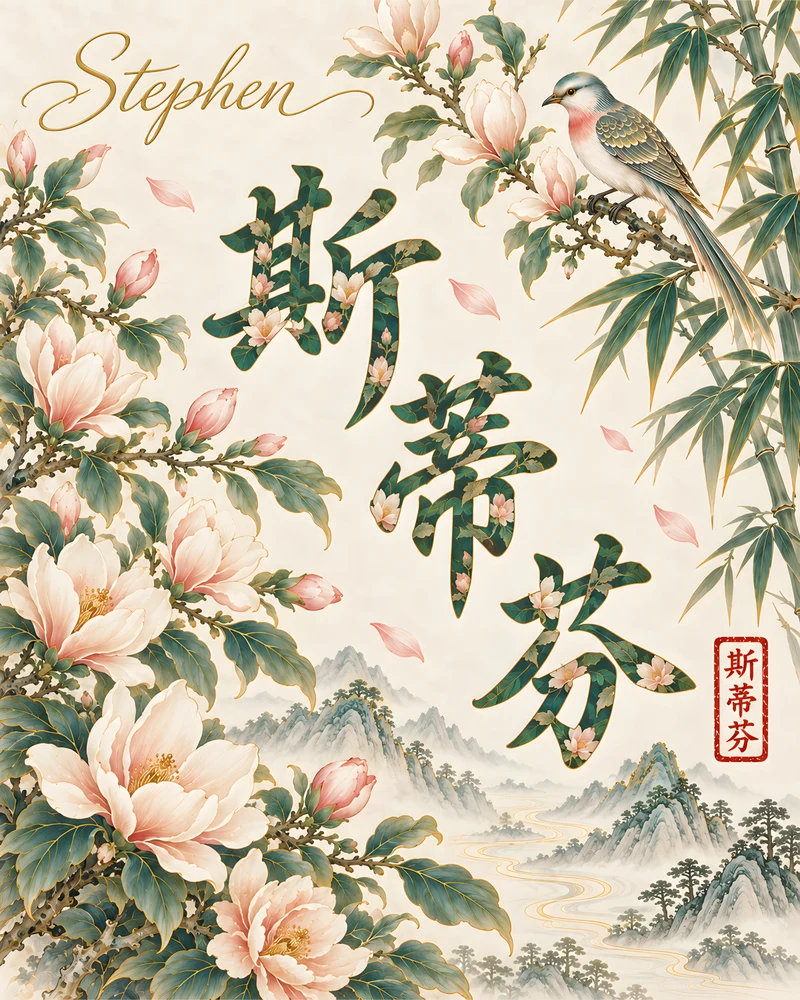 Stephen 斯蒂芬 floral Chinese name wall art preview