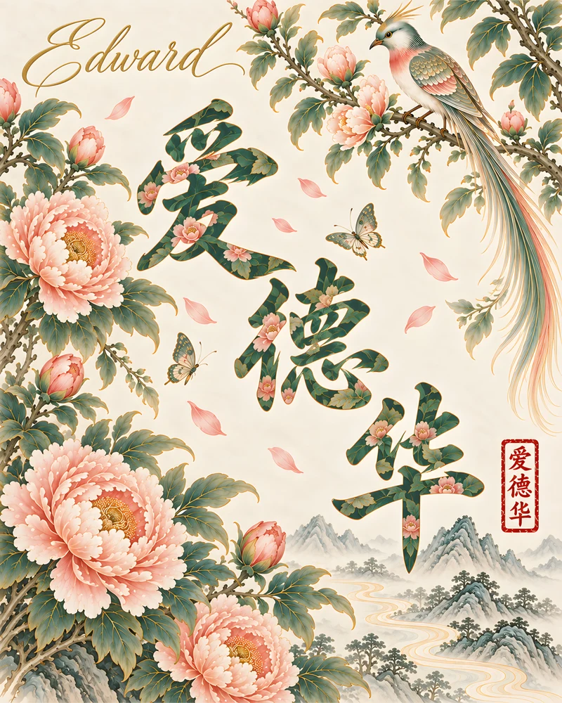 Edward 爱德华 floral Chinese name wall art preview