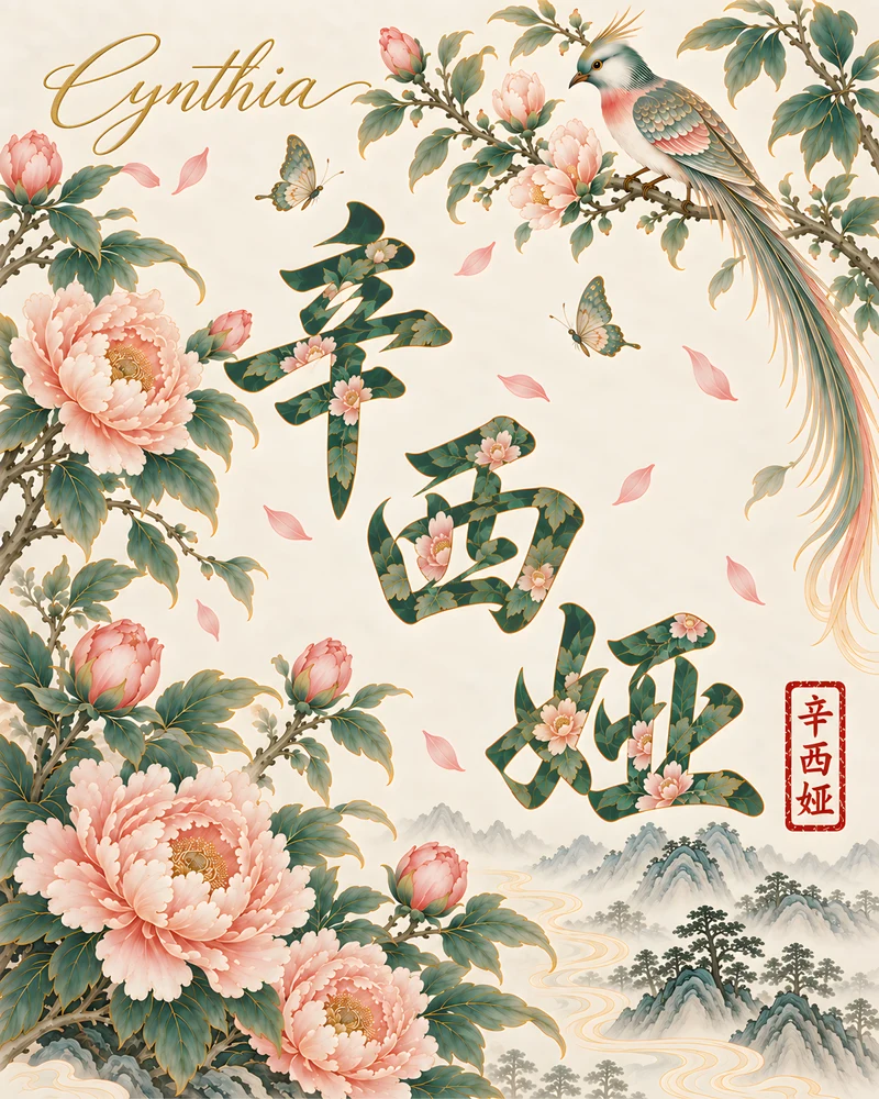 Cynthia 辛西娅 floral Chinese name wall art preview