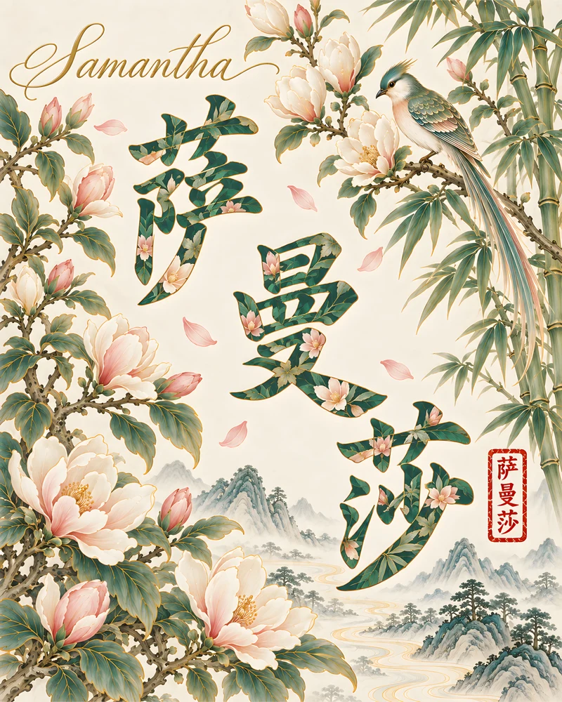 Samantha 萨曼莎 floral Chinese name wall art preview