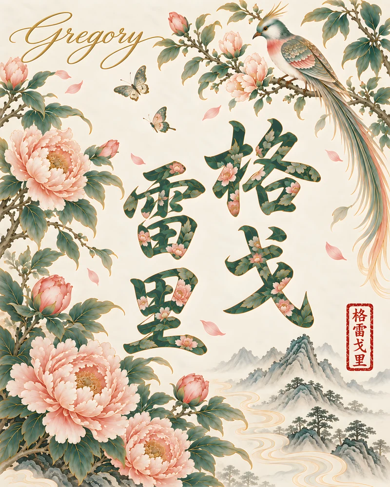 Gregory 格雷戈里 floral Chinese name wall art preview