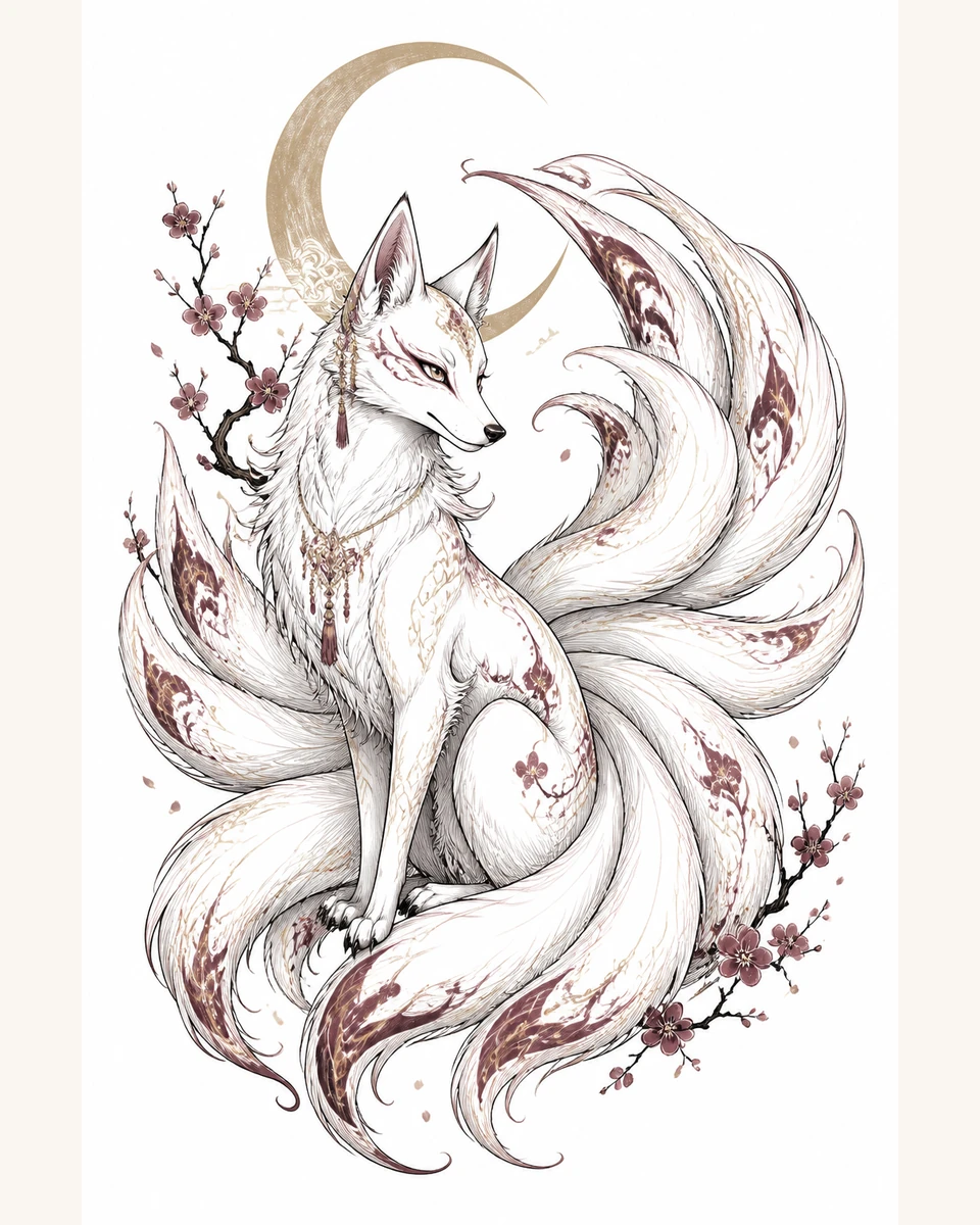 Nine-Tailed Fox — Crescent Ninefold original tattoo design preview