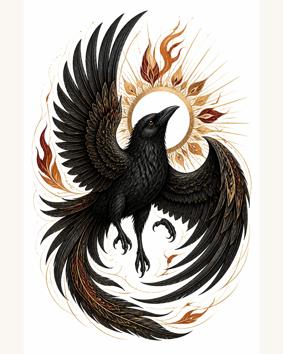 Three-Legged Sun Crow — Solar Ember original tattoo design preview