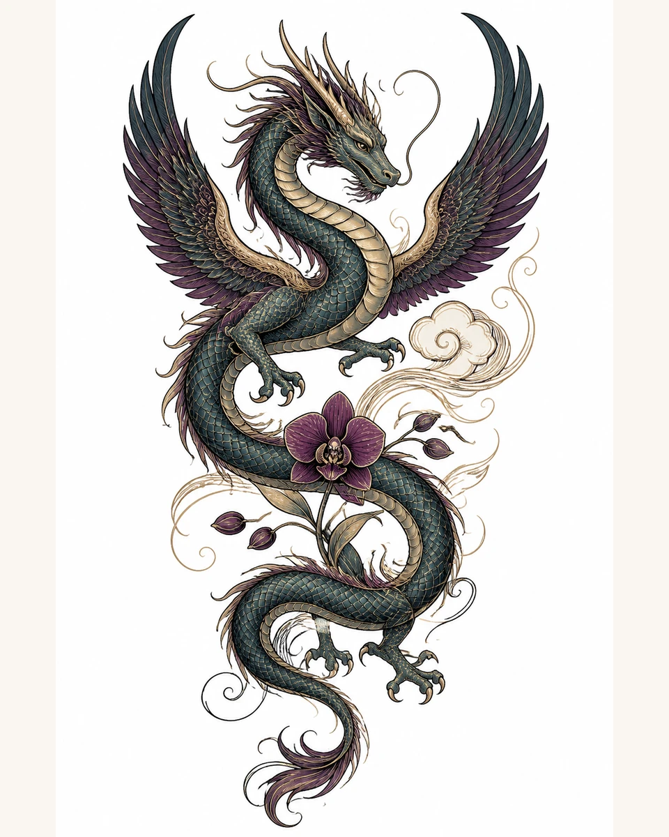Ying Long — Orchid Storm original tattoo design preview