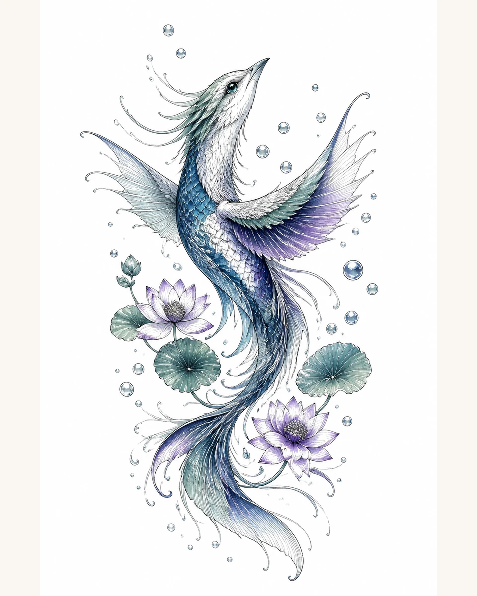 Ling Hu — Waterflower Wing original tattoo design preview